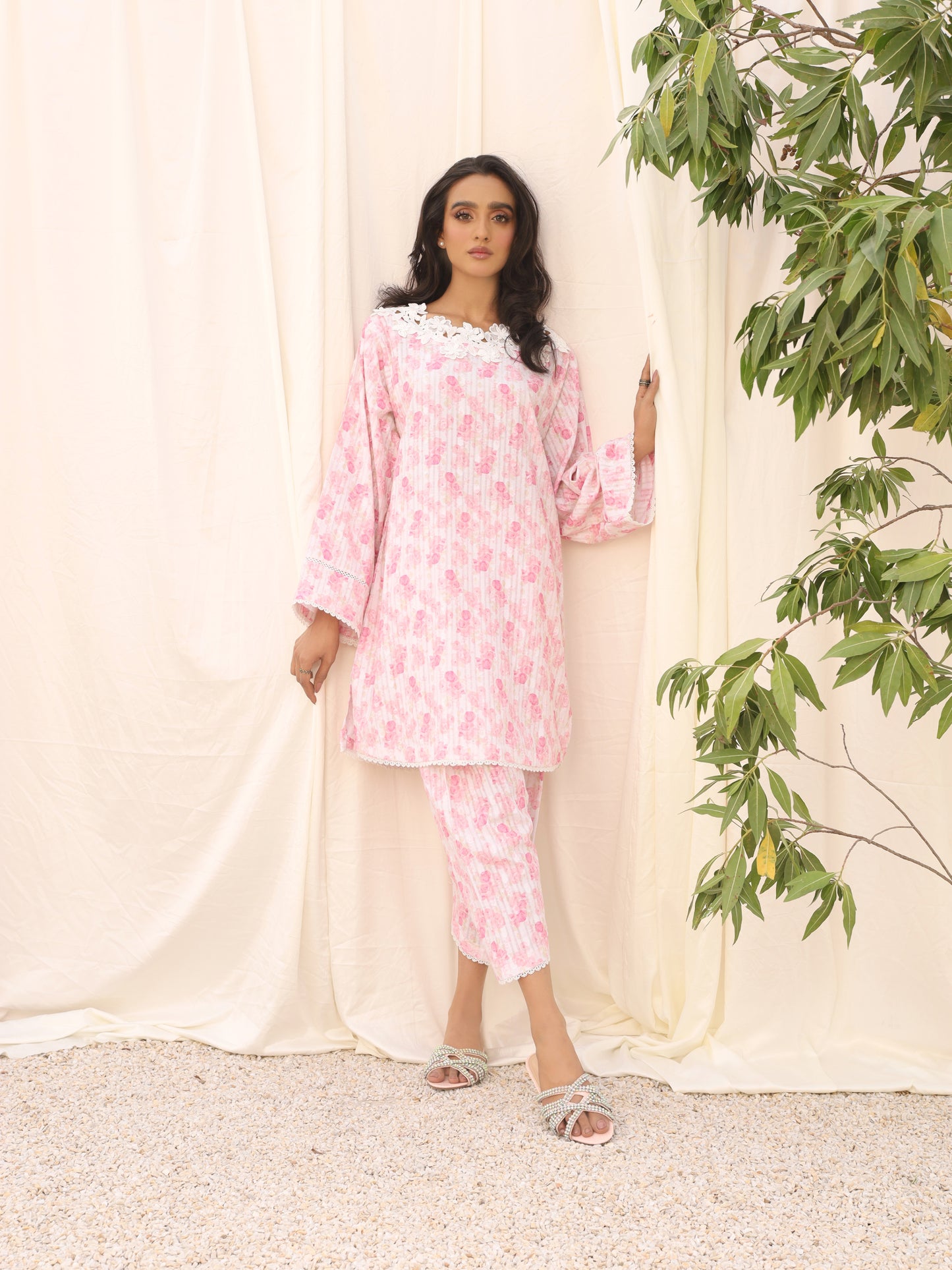 Pink lawn jacquard set