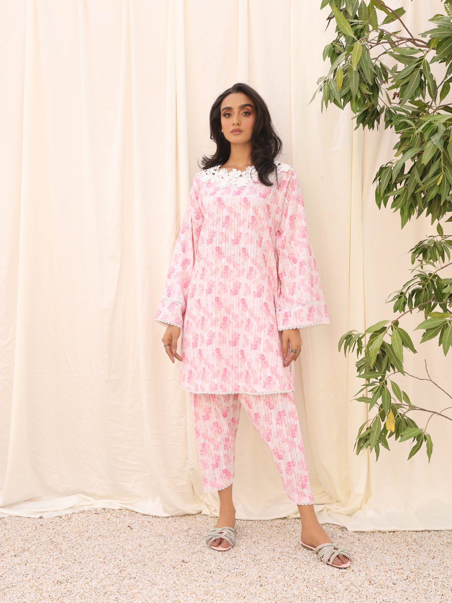 Pink lawn jacquard set